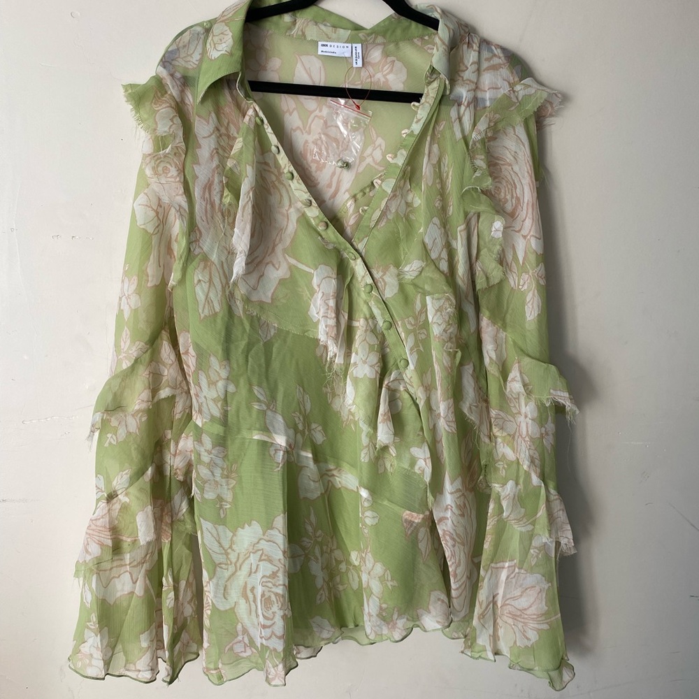 NWT•ASOS DESIGN Curve V-Neck Ruffle Blouse Green Floral Print Size US 18 - Picture 8 of 11